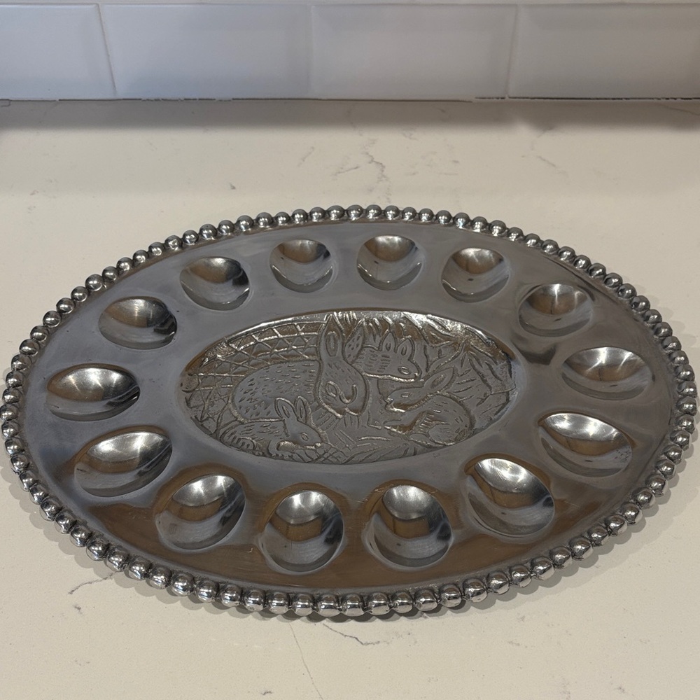 Silver Egg Tray with Rabbit Design w/ Beaded Edge